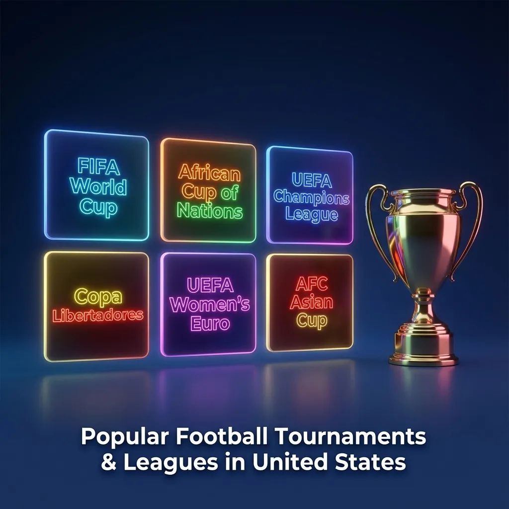 Illustrated list of popular US‑followed football tournaments and leagues with betting options and live match filters