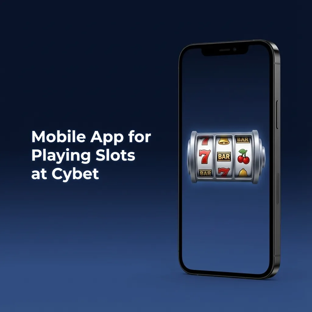 Person holding a smartphone showing the Cybet slots app with slot reels and navigation icons on the screen