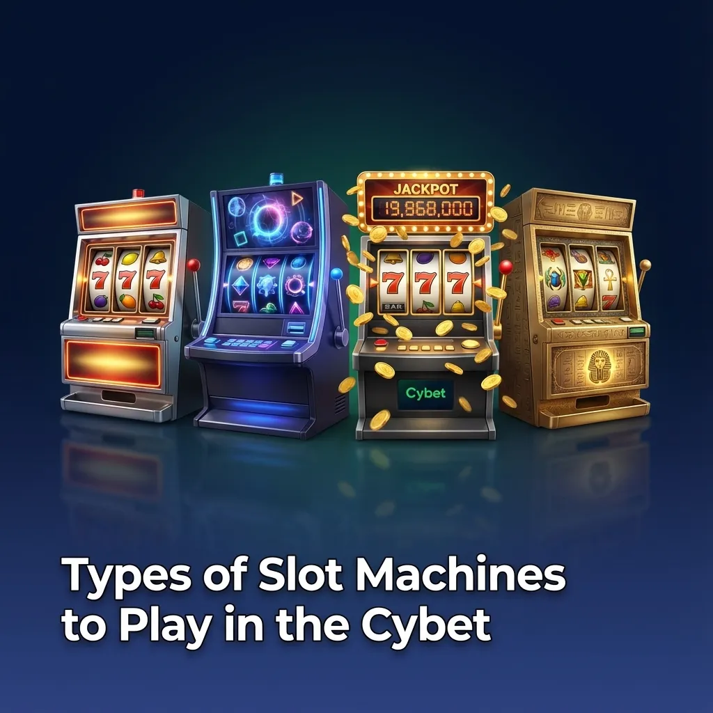 Illustrated banner for Cybet casino showing classic, video, Megaways and jackpot slot machines with crash game graph