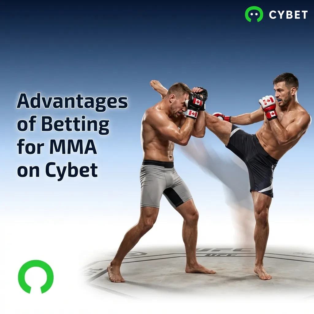 Live MMA betting interface on Cybet showing round-by-round odds, method-of-victory markets, and fighter statistics dashboard