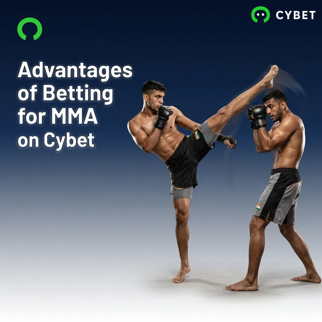 MMA fighter in octagon with Cybet betting interface showing live odds, multiple markets, and mobile app features