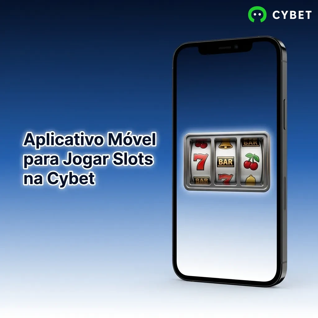 Smartphone exibindo o aplicativo móvel Cybet com interface de slots coloridos e botões de navegação na tela inicial