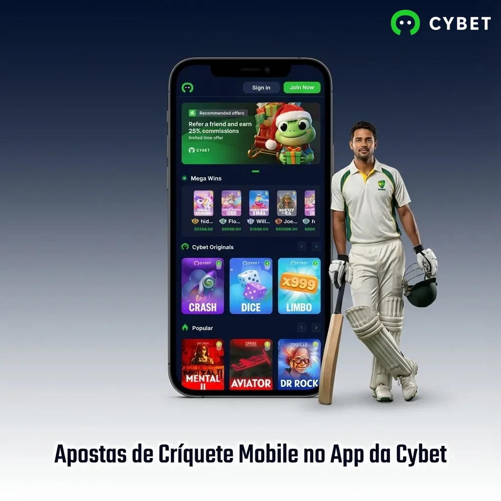 Tela de smartphone exibindo interface do app Cybet com mercados de apostas de críquete e odds ao vivo