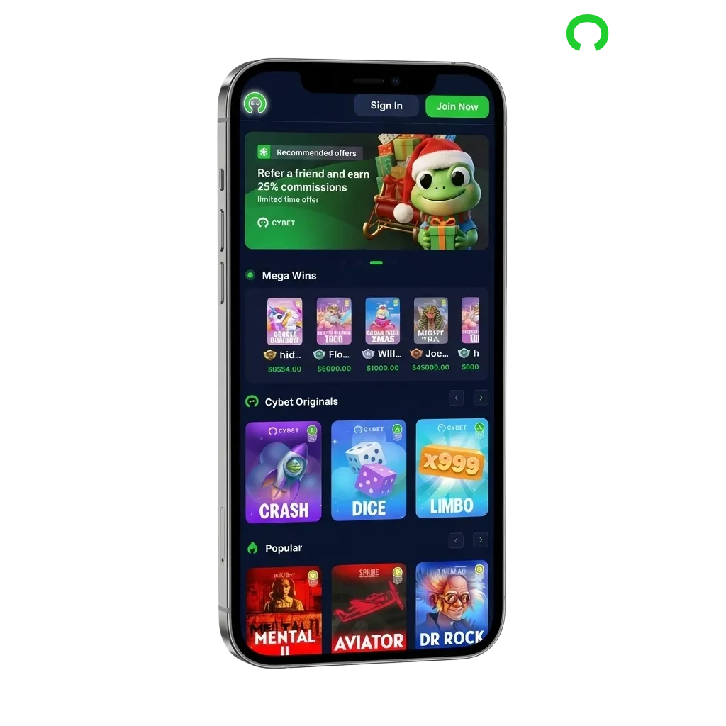 Cybet app download screen showing sports betting, live casino games, and cryptocurrency payment options on mobile device