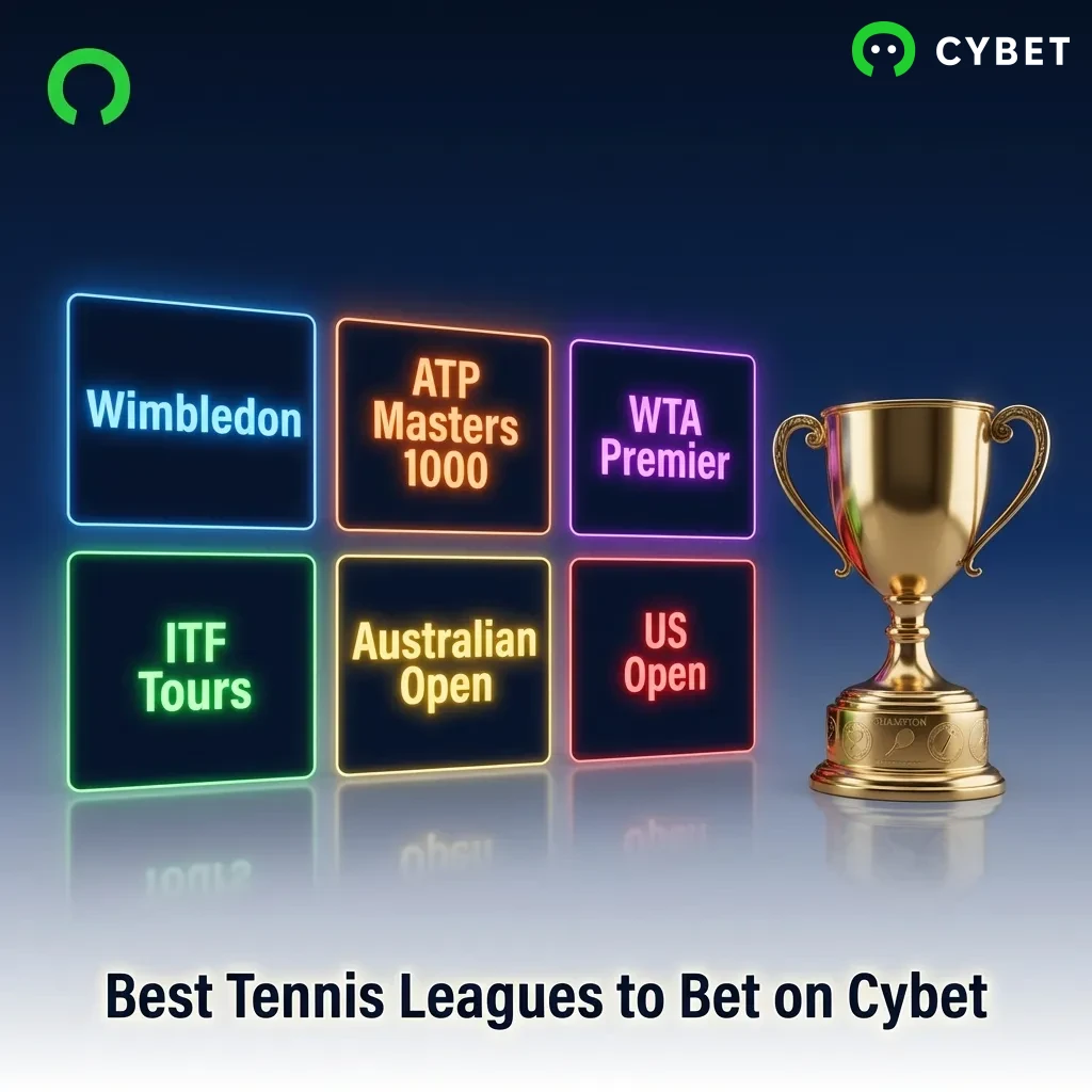 Tennis betting options on Cybet showing Grand Slams, ATP/WTA tours, and major international tournaments year-round.