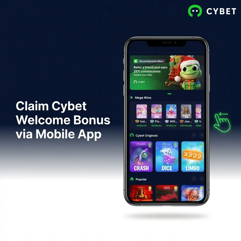 Mobile app interface showing step-by-step process to claim Cybet welcome bonus on smartphone screen
