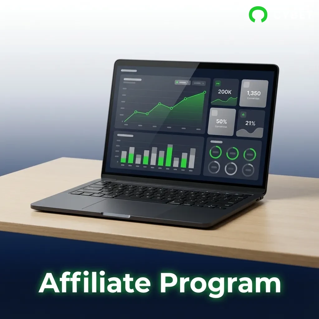 Affiliate program dashboard showing commission tiers from 25-40% with tracking links and marketing tools