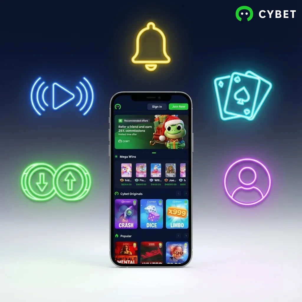 Cybet app interface showing live betting, casino games, deposit/withdrawal options, and notification features