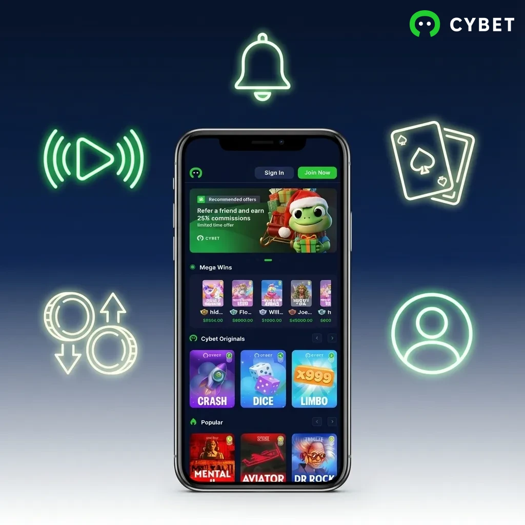 Cybet App Features interface showing sports betting, casino games, and payment options with live updates and notifications