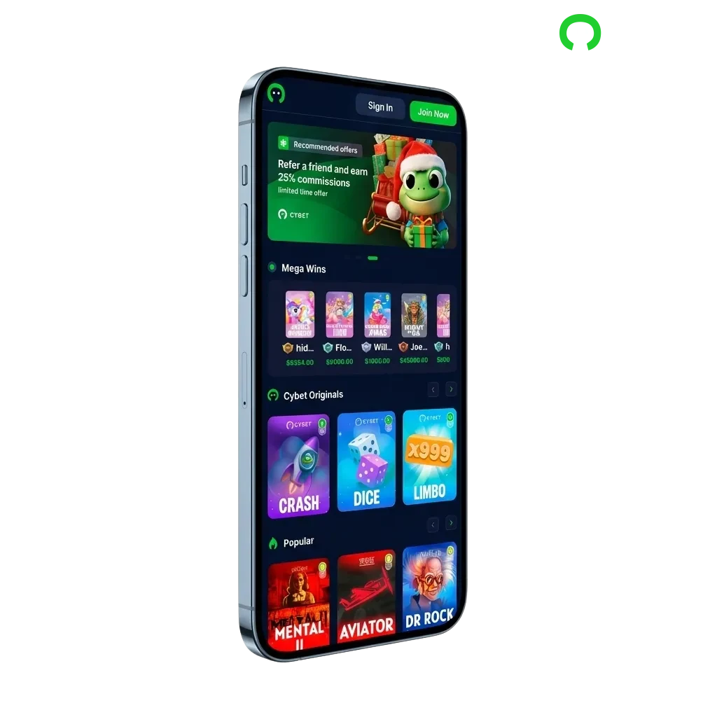 Cybet iOS app interface showing casino games and sports betting options on iPhone for Canadian players