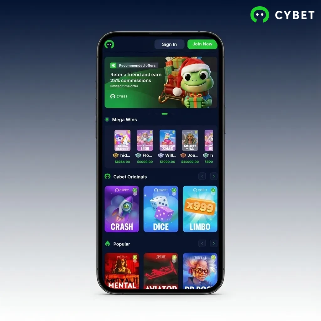 Cybet mobile app showing bottom navigation bar with sports betting and casino options, balance display at top