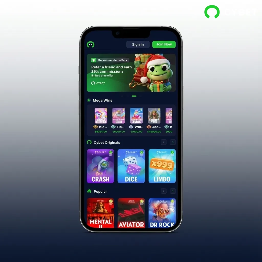 Cybet app interface showing live betting, casino games, and account management with intuitive navigation on mobile
