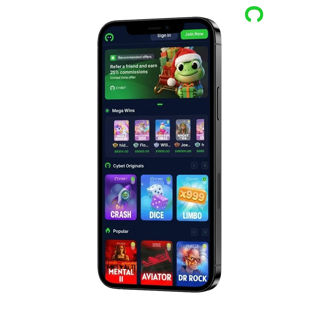 Cybet app iOS mostrando apostas esportivas, cassino ao vivo e slots em iPhone com bônus de boas-vindas