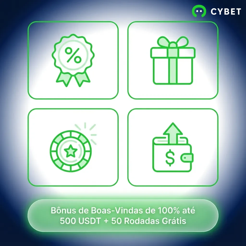 Welcome bonus graphic showing 100% match up to 500 USDT plus 50 free spins for new Brazilian players
