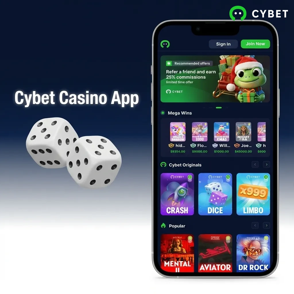Cybet Casino App interface showing slots, table games, and live dealer options with promotional bonuses displayed