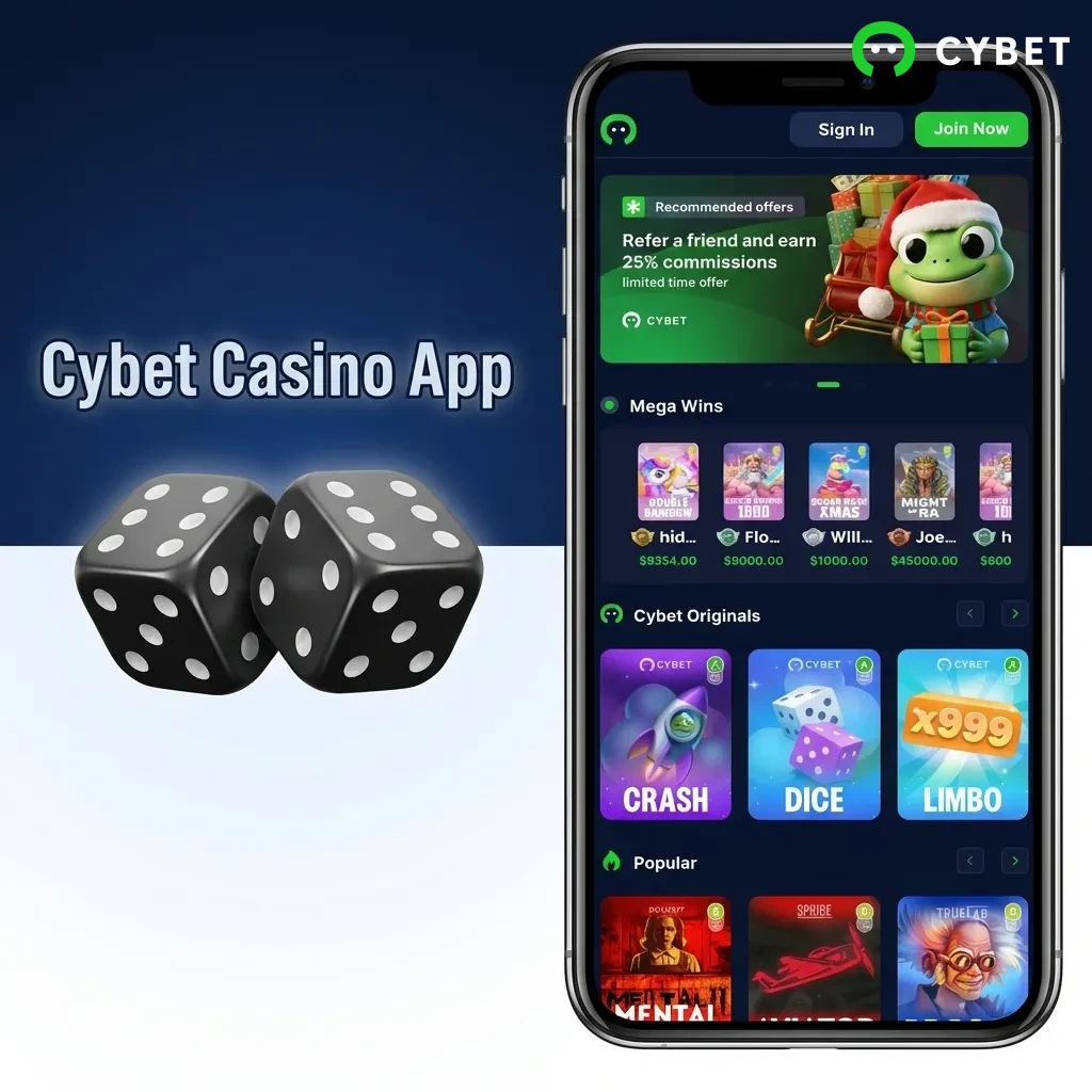 Cybet Casino app interface showing slots, live dealer games, and sports betting options on mobile device