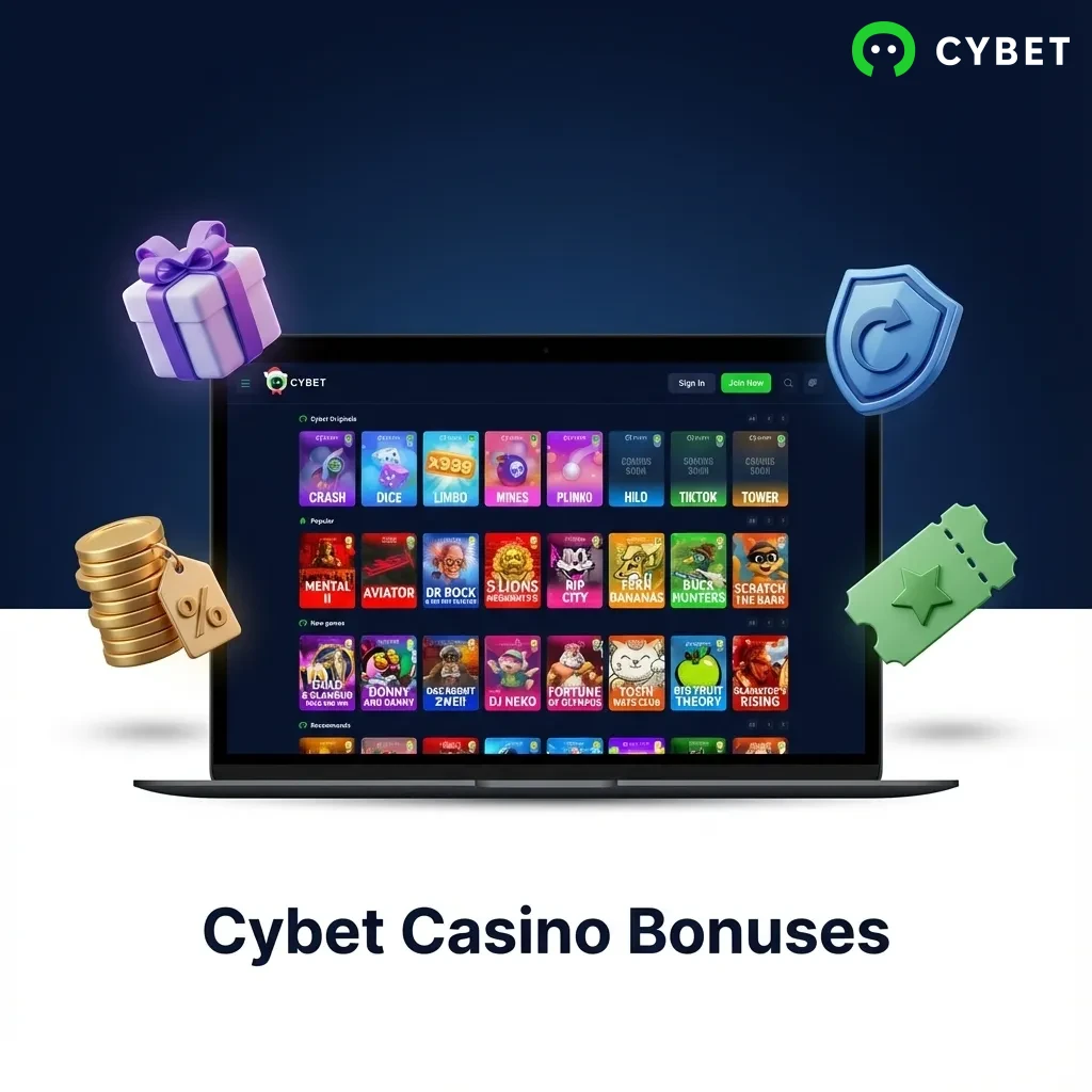 Cybet Casino promotional bonuses including weekly reload, cashback program, free spins, and high roller match offers