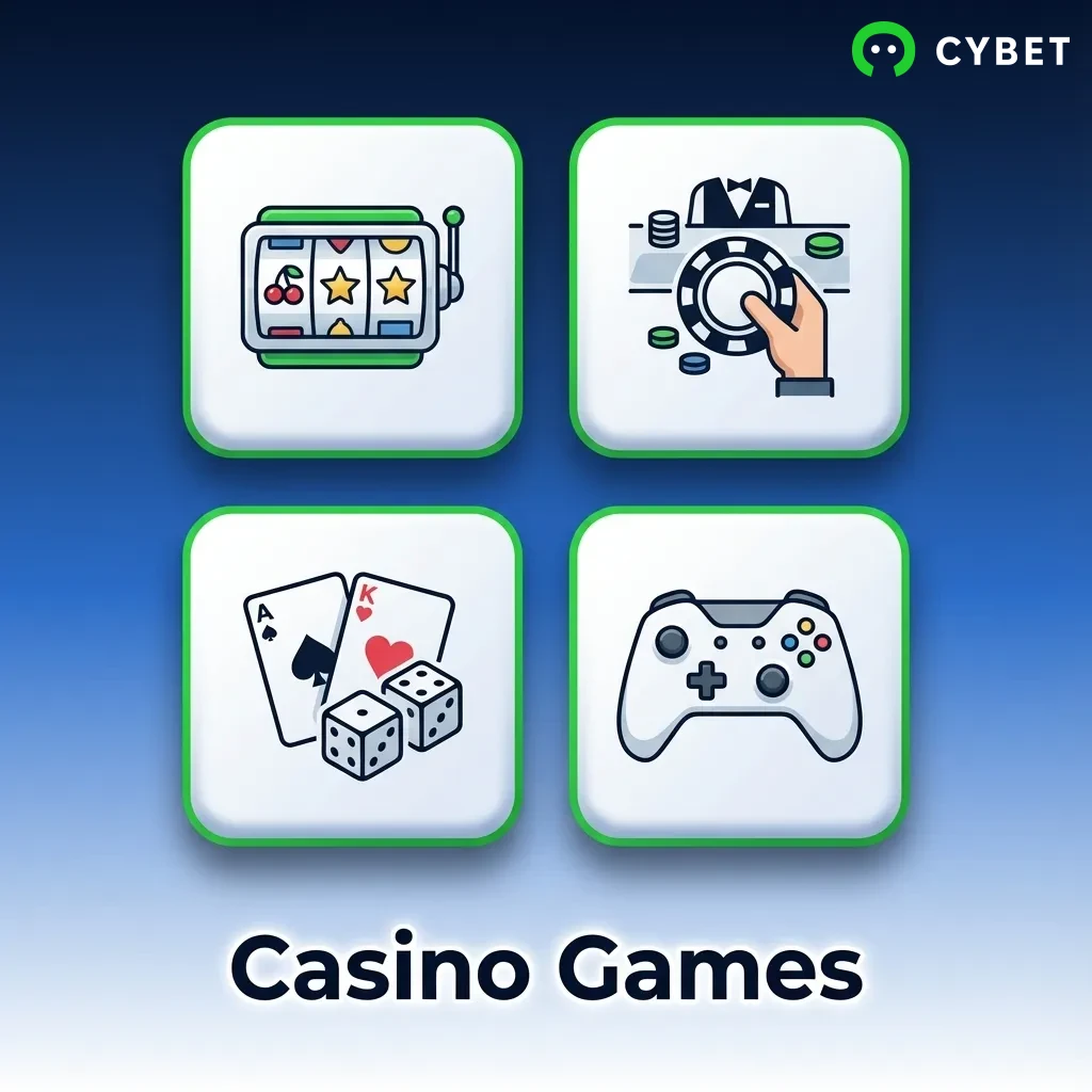 Casino gaming collection featuring slots, table games, roulette, blackjack, and live dealer options