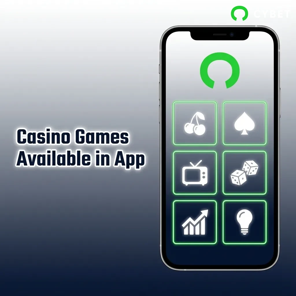 Cybet app casino games interface showing slots, table games, and live dealer options from top providers on iPhone