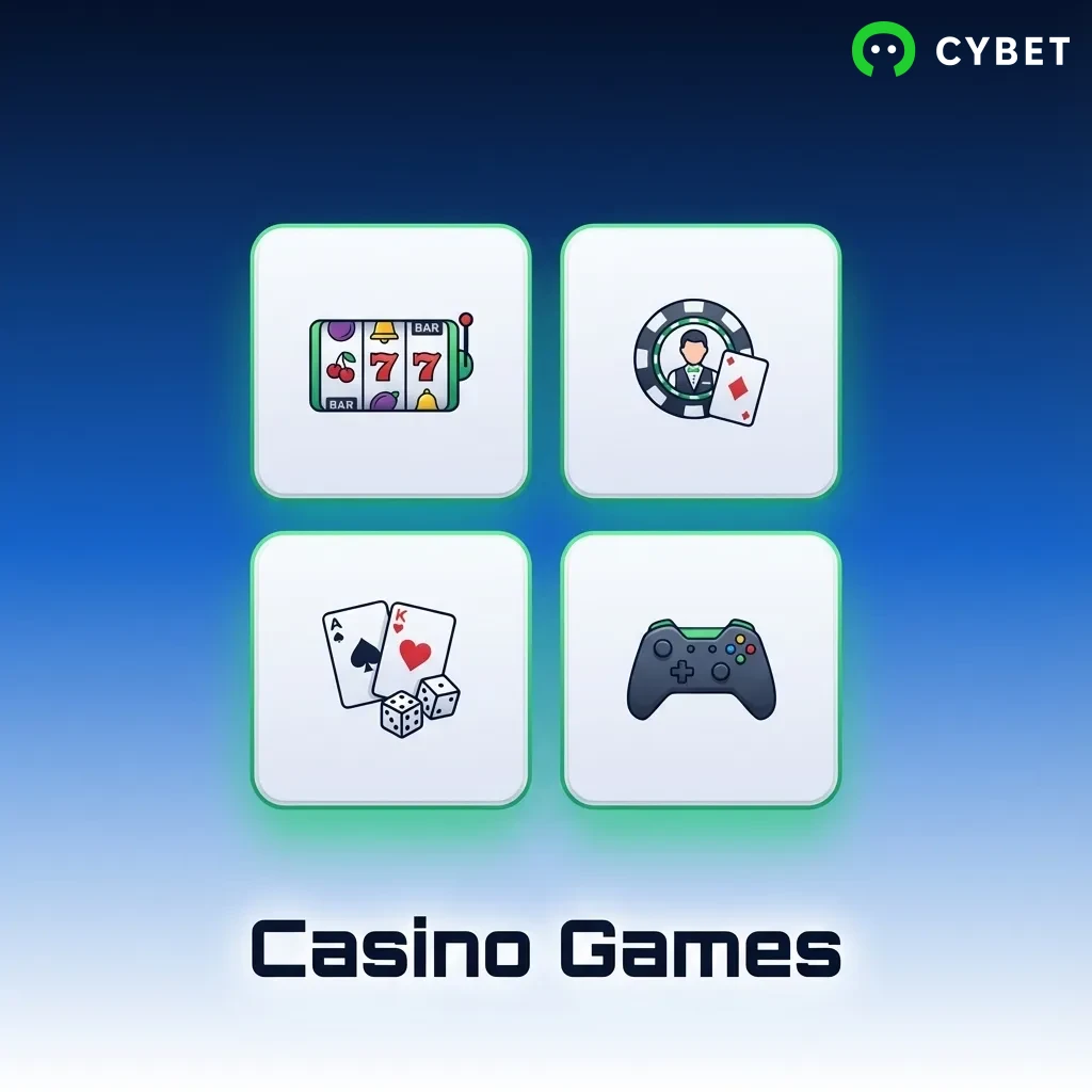 Casino games collection showing slots, roulette, blackjack, poker tables, and live dealer options from 3,000+ titles
