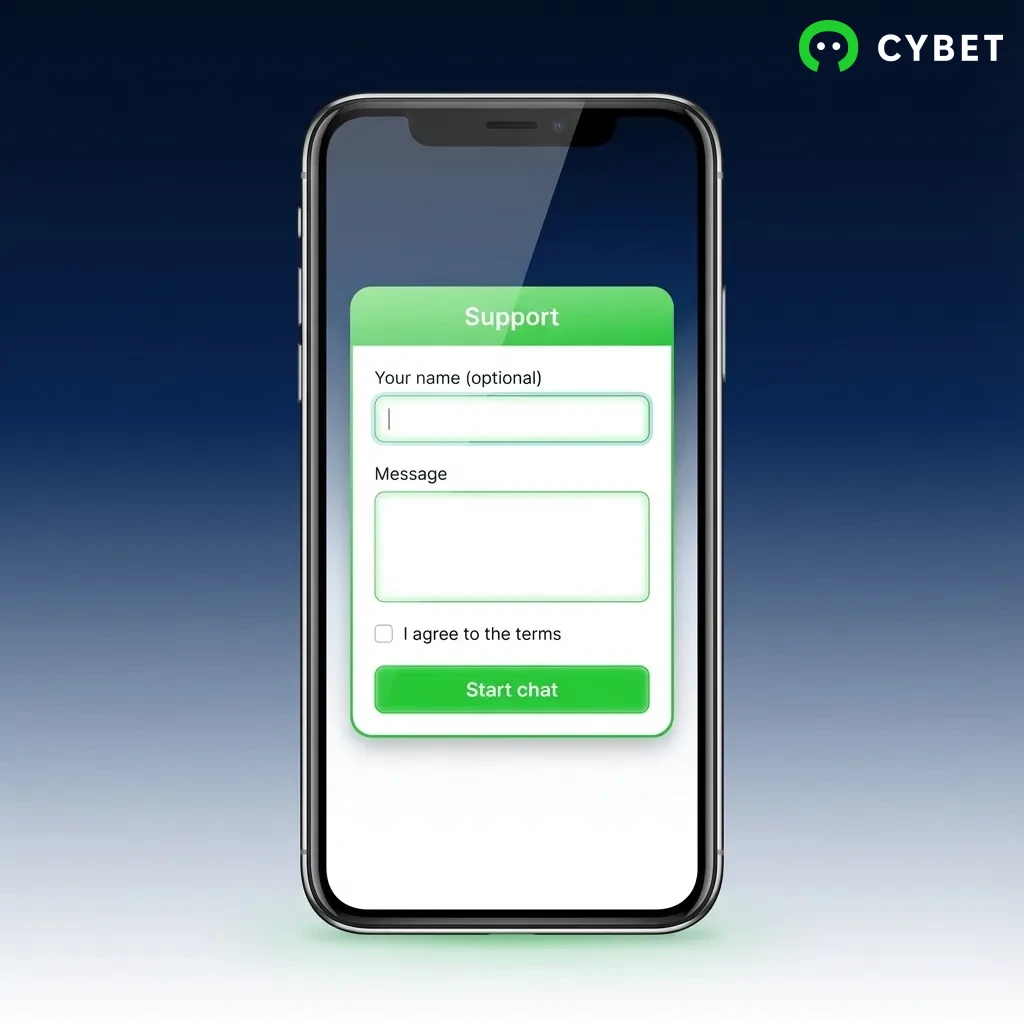 Cybet customer support channels showing 24/7 live chat, email support, and FAQ section with response times
