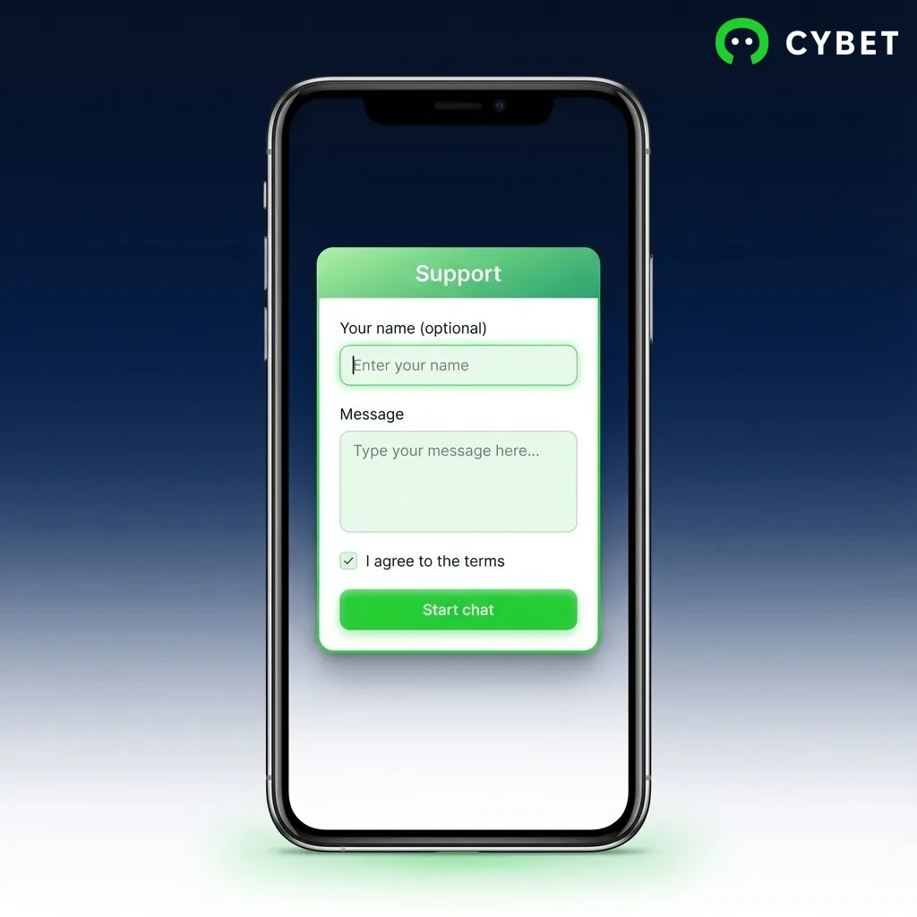 Customer support channels showing live chat, email, and FAQ availability with response times for Cybet platform
