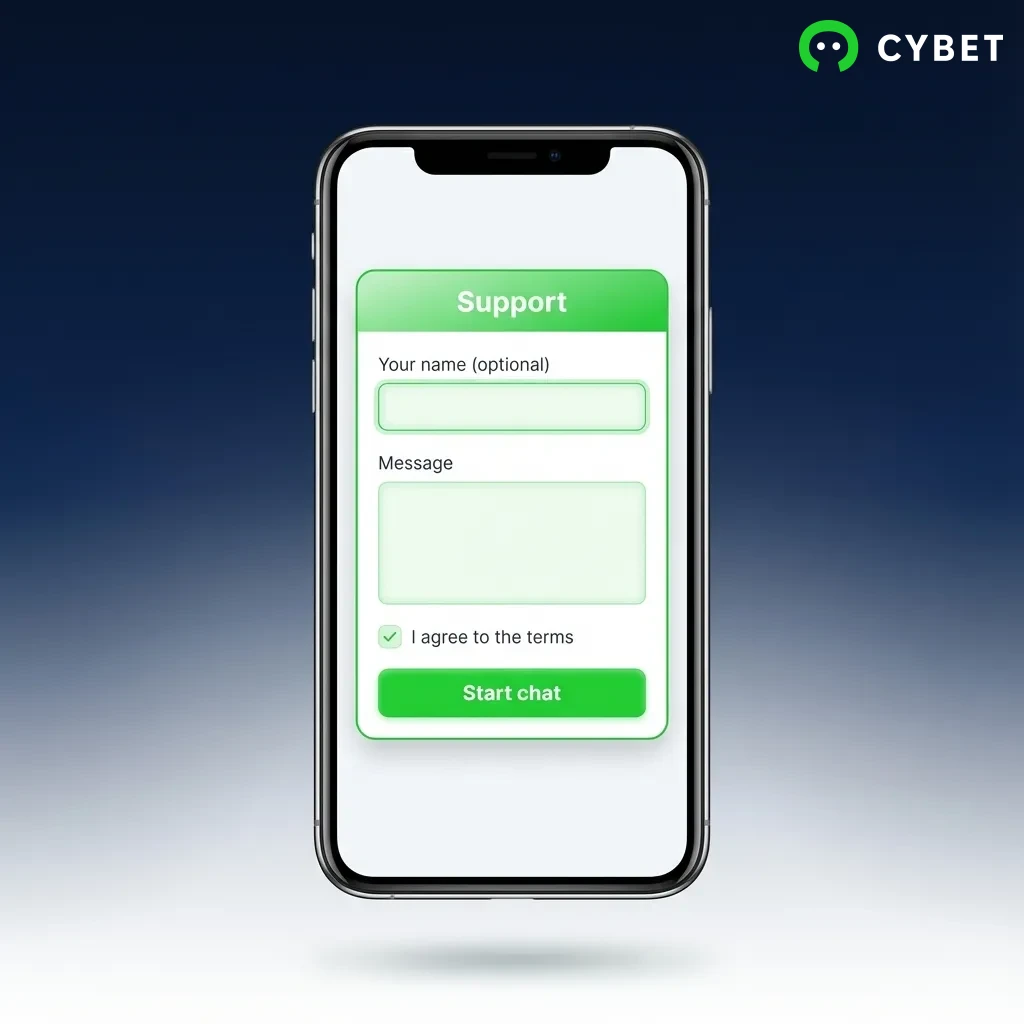 Customer support contact methods including 24/7 live chat, email, phone, and FAQ section for Cybet users