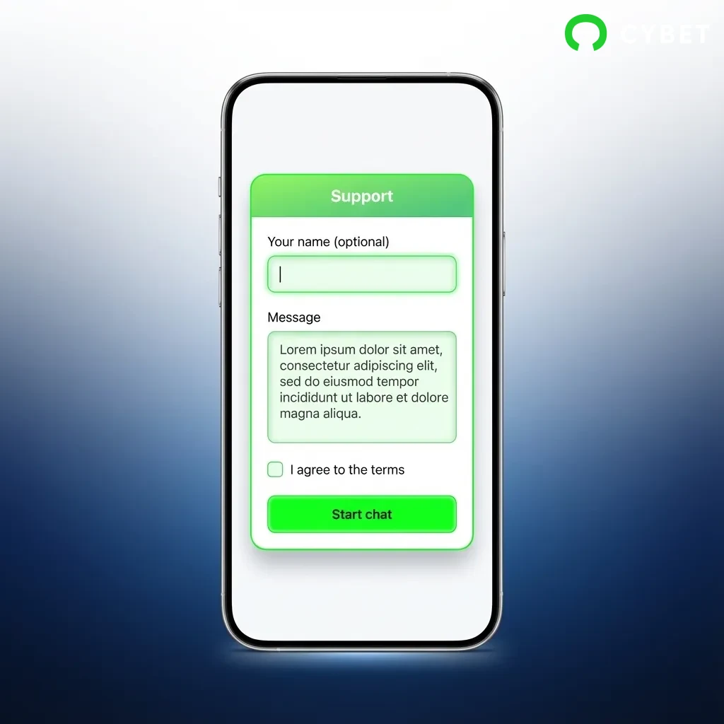 Mobile app login screen showing email/password fields and sign-in button for Cybet account access