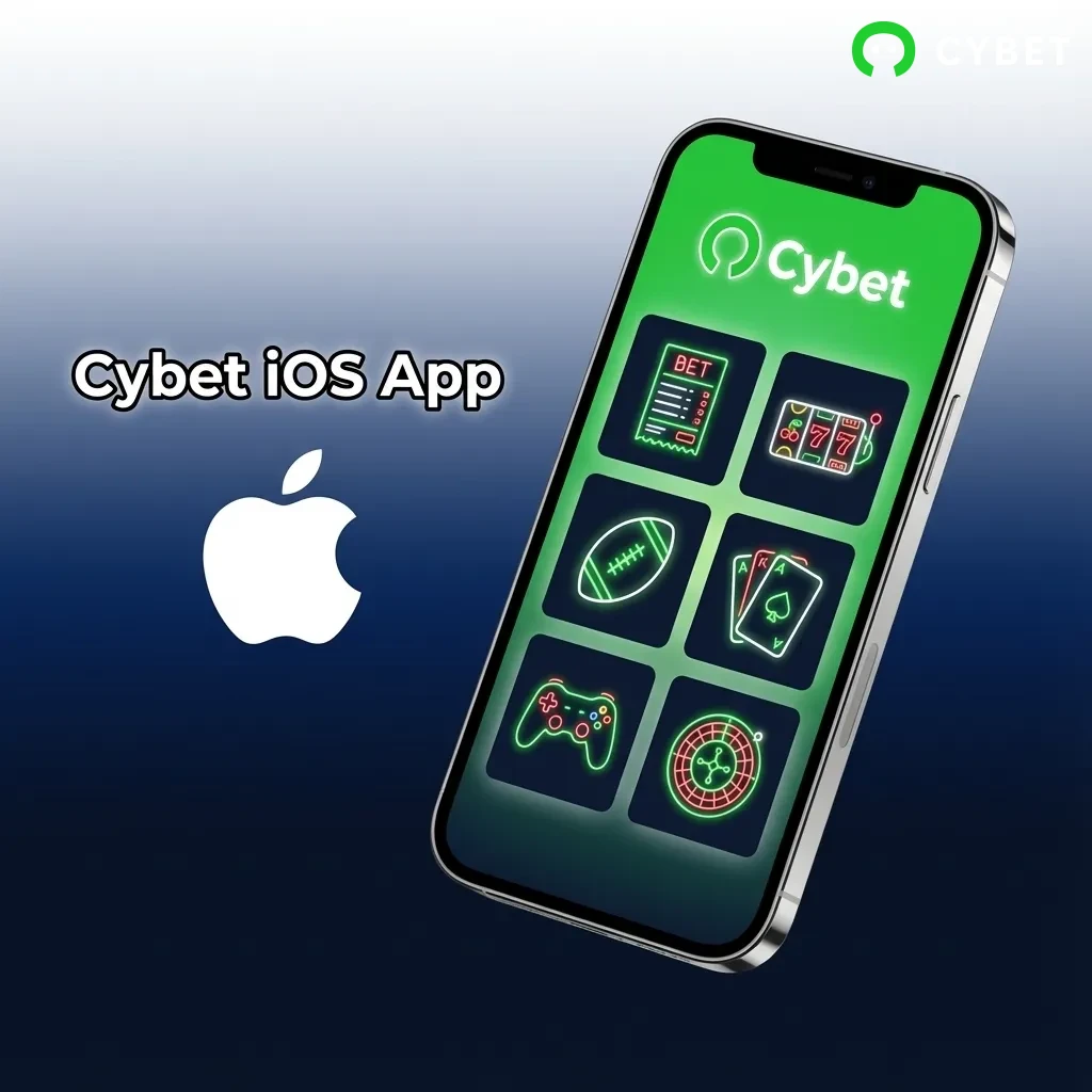 Cybet iOS app interface showing sports betting, live casino, and slots features on iPhone and iPad devices