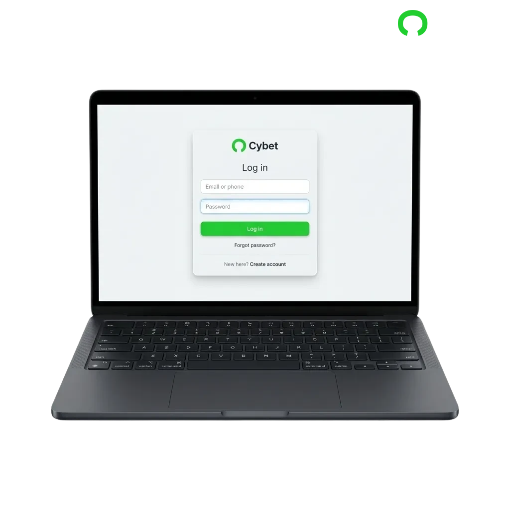 Cybet login screen showing email and password fields with secure access for US users to sports betting and casino games