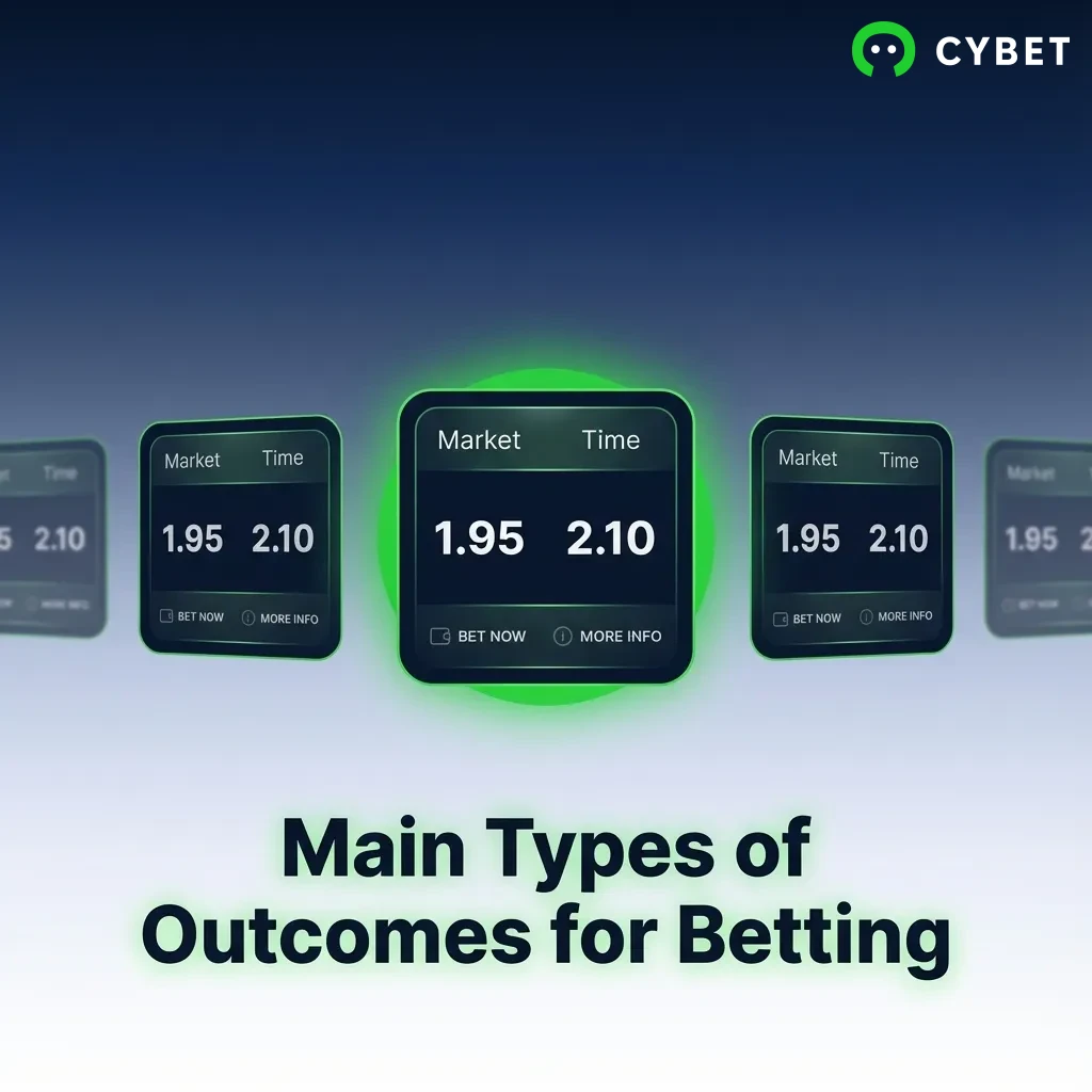 Diagram showing four main betting outcome types: moneyline, point spread, totals over/under, and prop bets explained.