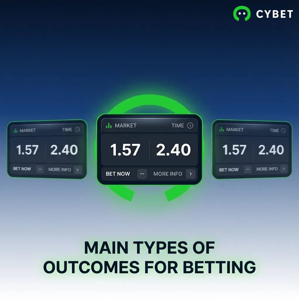 Diagram showing five main betting outcome types: Match Winner, Over/Under Totals, Handicap, Both Teams to Score, Correct Score