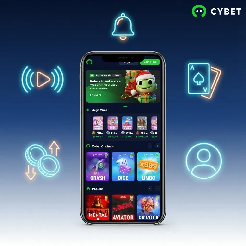 Mobile betting and casino platform interface showing live sports, slots, payment options, and account features.