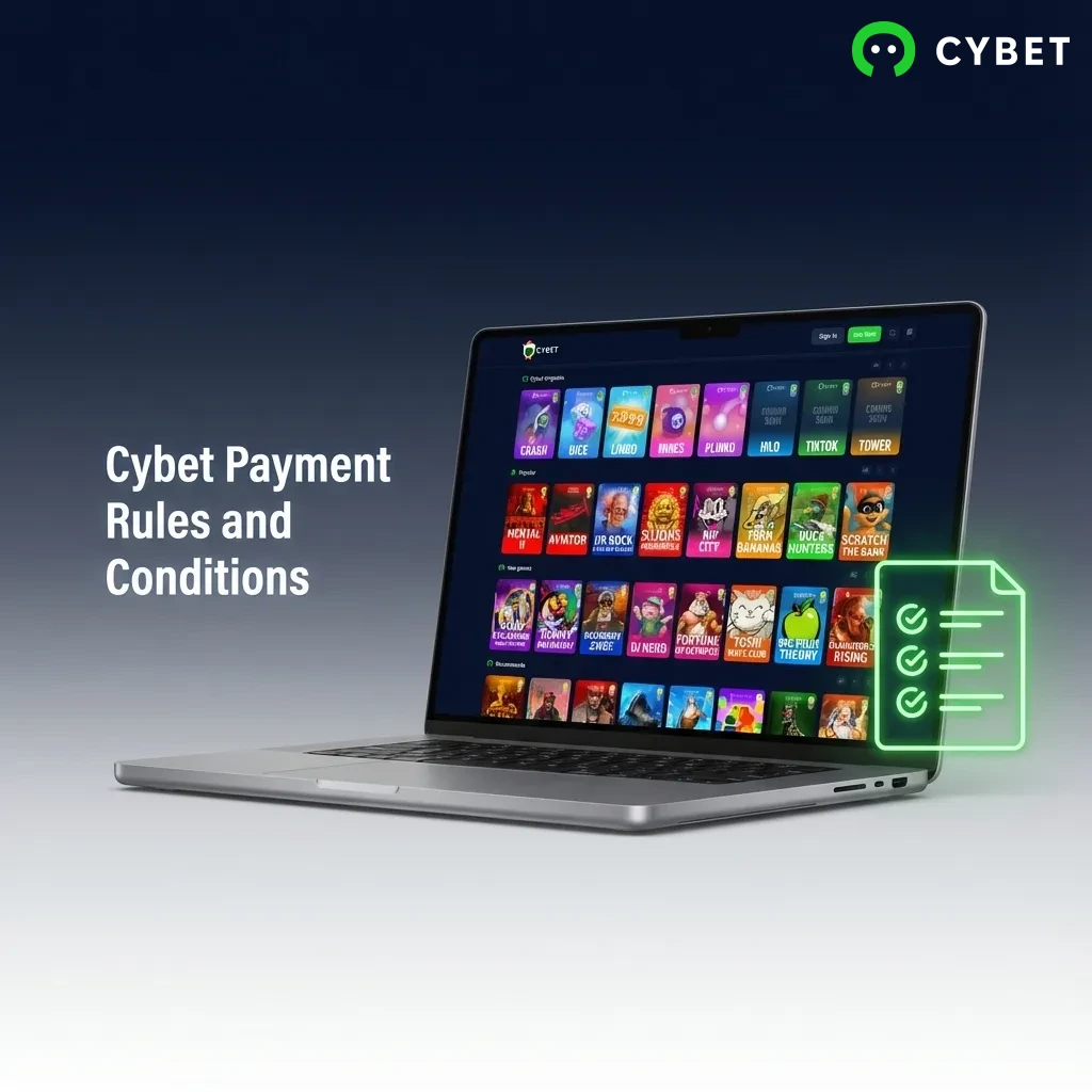 Cybet payment rules list showing identity verification, matching methods, bonus wagering, withdrawal frequency, and network fees