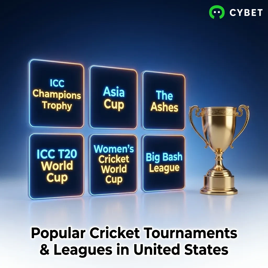 Cricket betting interface showing ICC World Cup, T20 World Cup, The Ashes, and IPL tournament options with live odds
