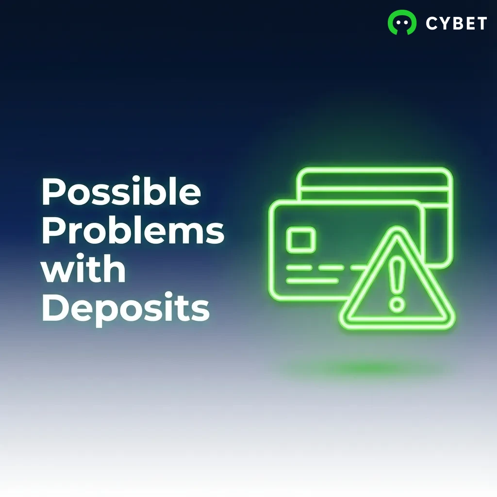 Infographic listing five common Cybet deposit problems: wrong address, low fees, minimum amount, delays, and verification.