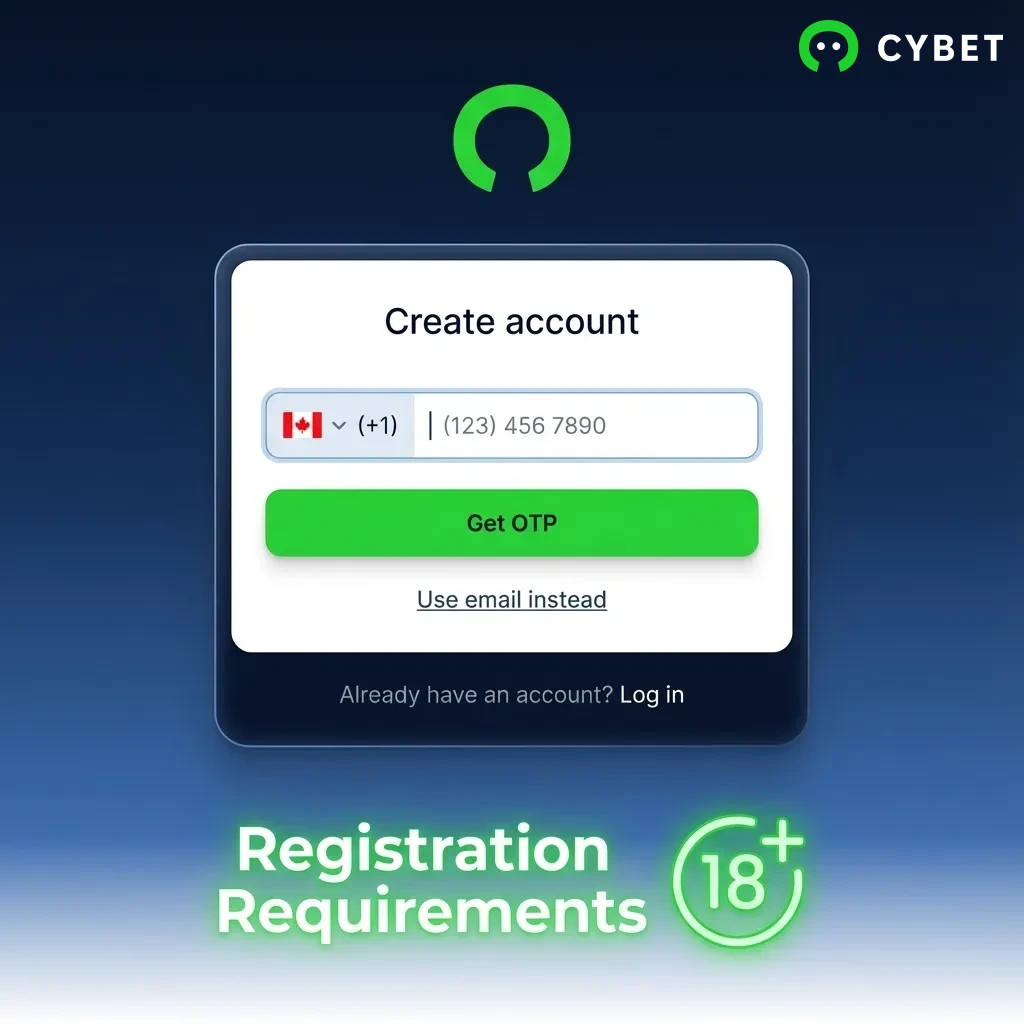 Registration requirements checklist showing age limit, account rules, and verification steps for Canadian users.