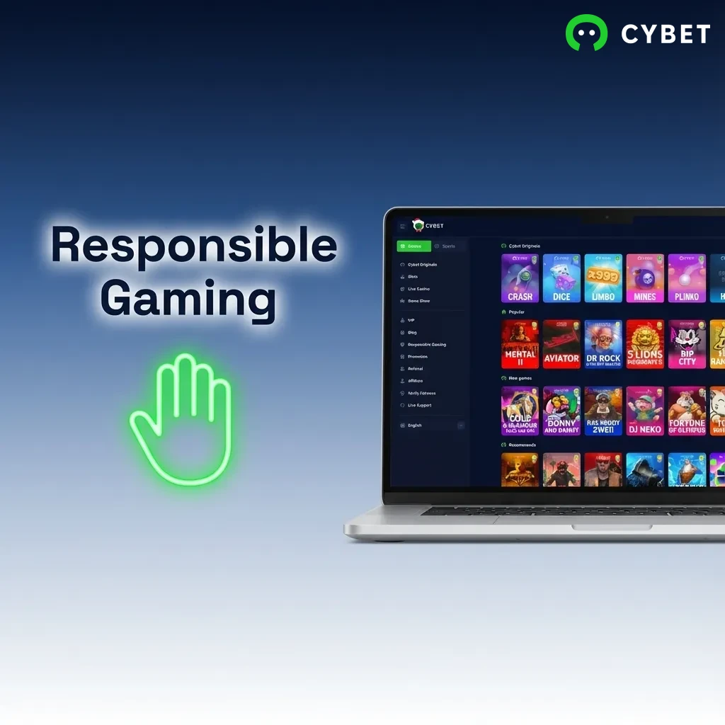 Person setting healthy boundaries while gaming responsibly on a device with tools and support resources visible