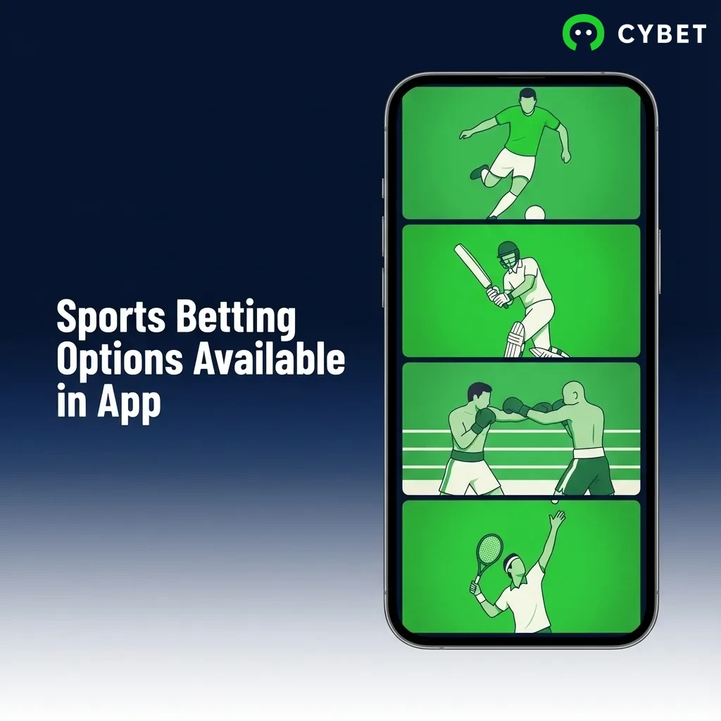 Cybet app interface displaying various sports betting options including cricket, football, tennis, and esports