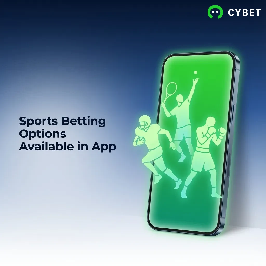 Cybet app displaying sports betting options including cricket, football, tennis, basketball, and live betting features