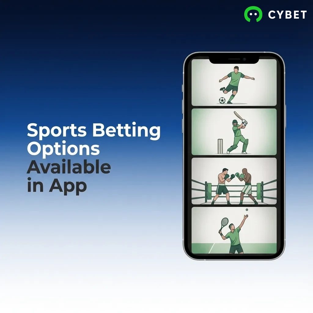 Cybet app interface showing various sports betting options including cricket, football, tennis, and esports markets