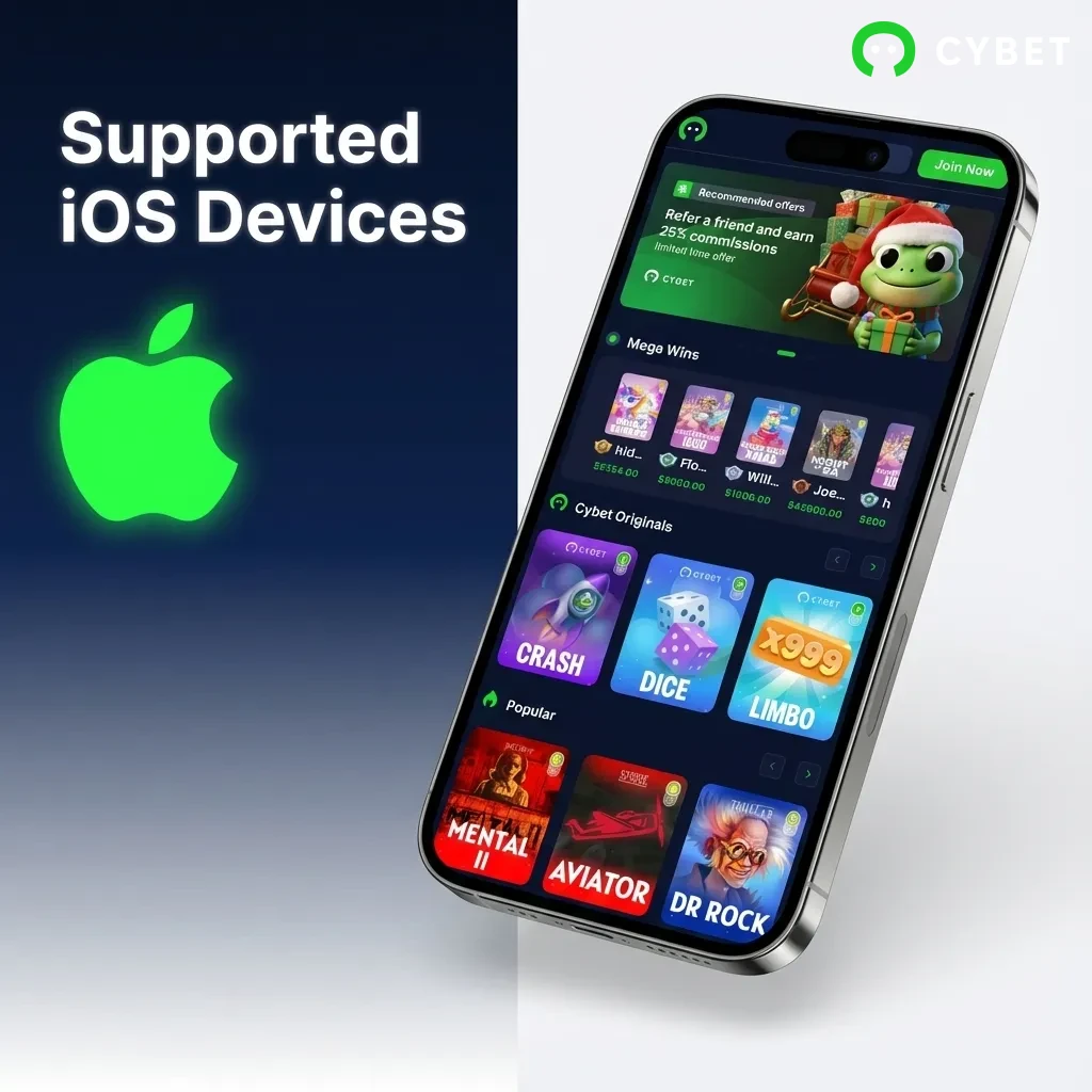 List of compatible Apple devices including iPhone models 14 Pro Max through 8, iPad Pro, iPad Air, and iPod Touch