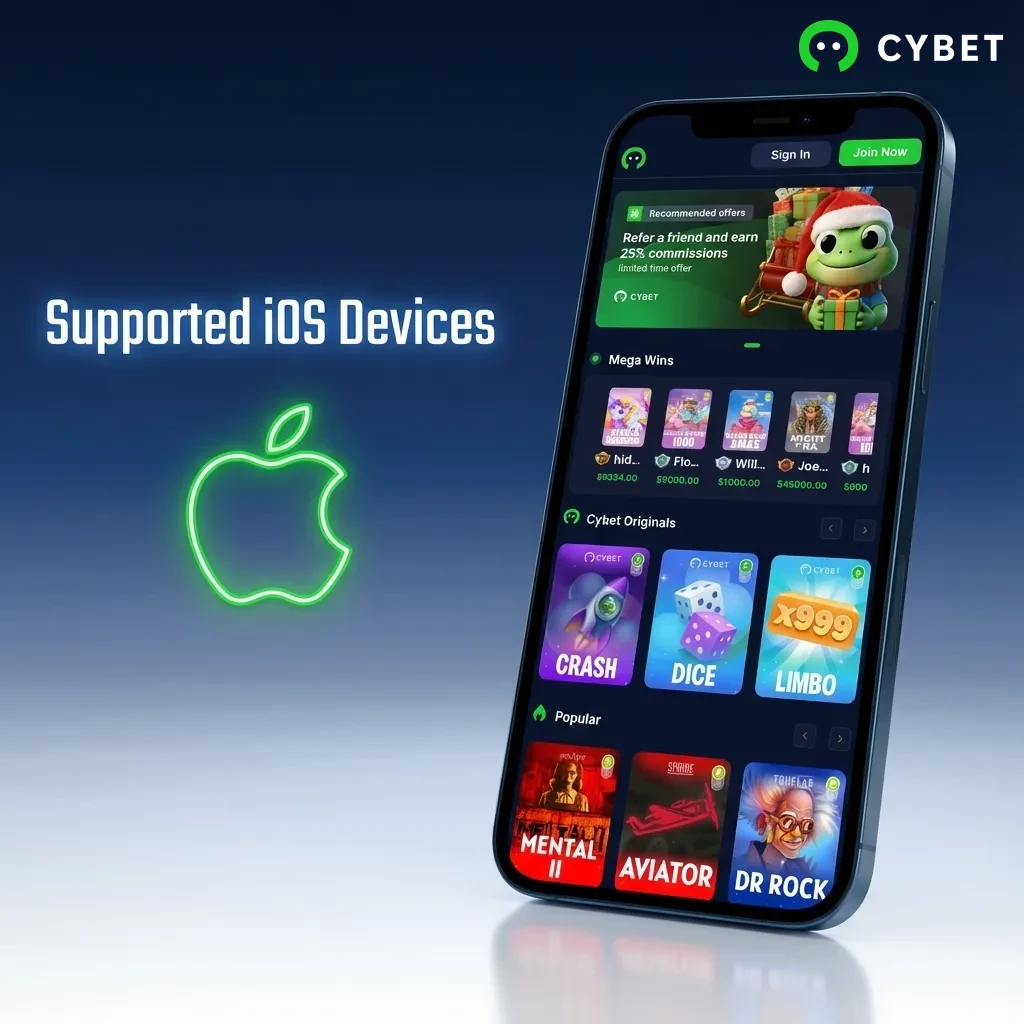 List of compatible Apple devices for Cybet app including iPhone models 14-8, iPad Pro, iPad Air, and iPod Touch