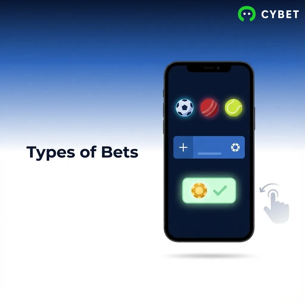 Diagram showing three betting formats: Single bets on one event, System bets with partial coverage, and Express multi-bets.