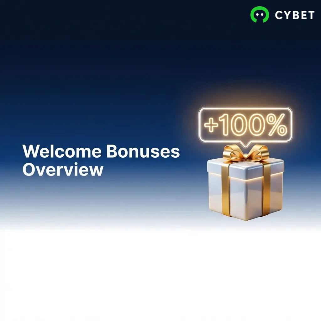 Table showing welcome bonus options with deposit match percentages, maximum amounts, wagering requirements, and minimum deposits.