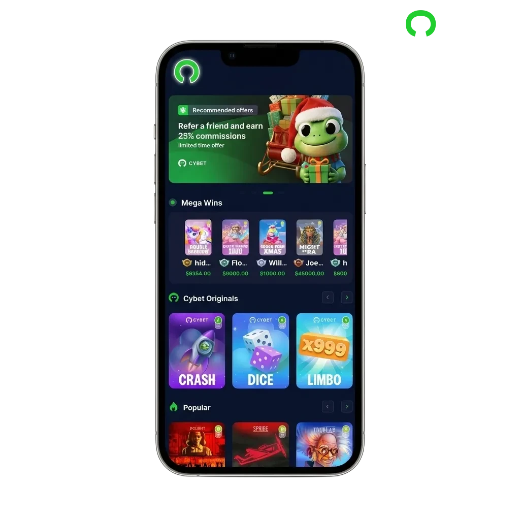Cybet mobile app download page showing Android APK and iOS options with crypto payments and welcome bonus offer.