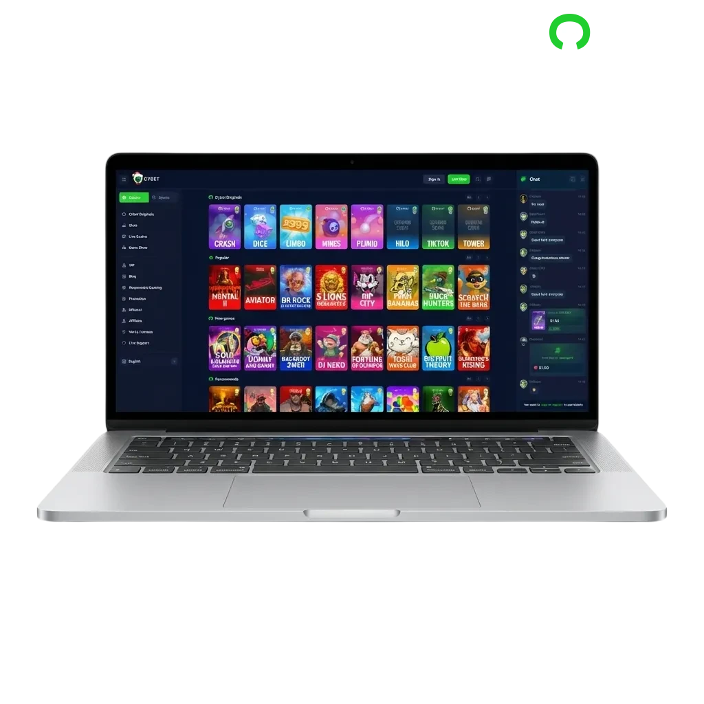 Cybet desktop app interface showing casino games including roulette, slots, and table games on Windows and MacOS