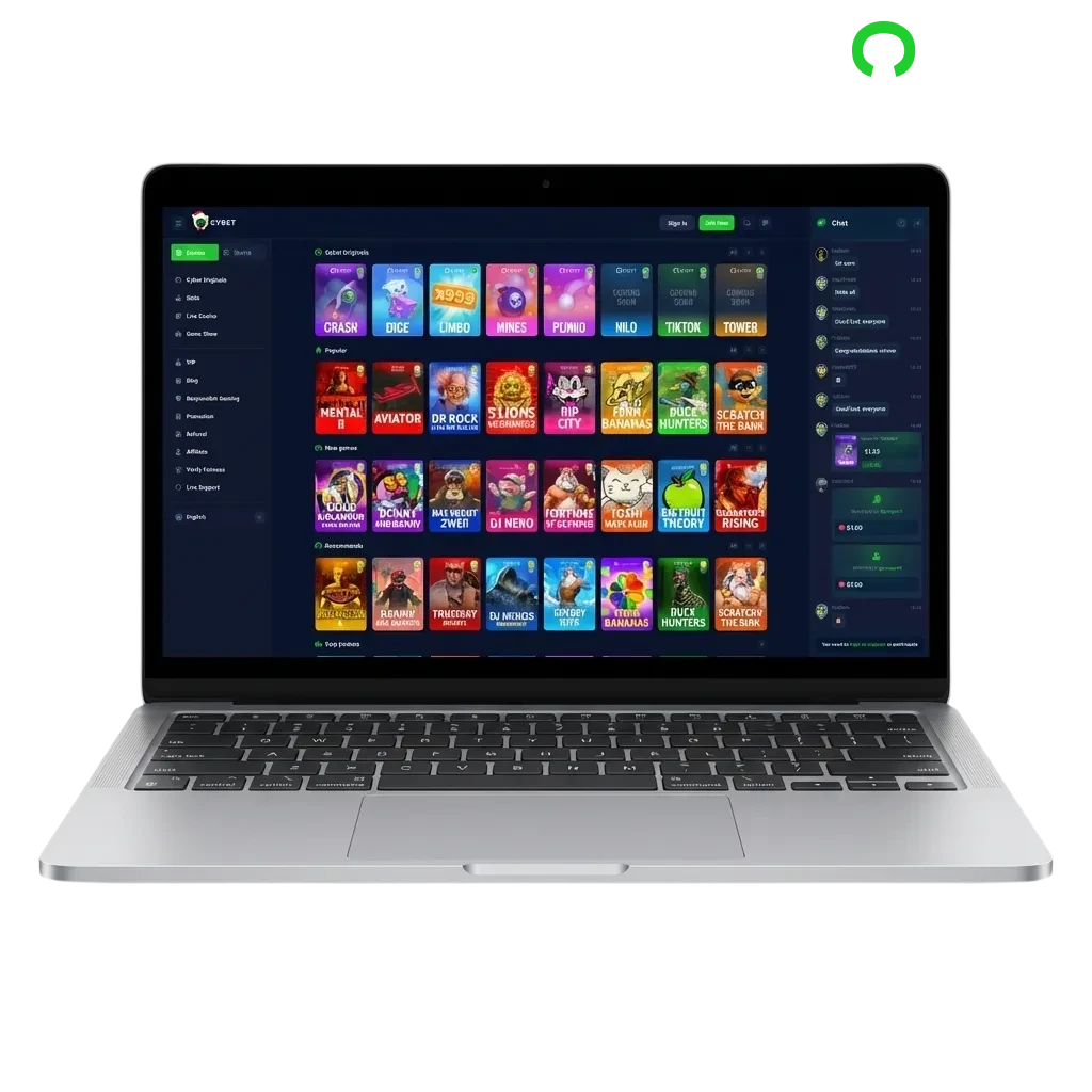 Cybet casino software interface on desktop computer showing slots, roulette, and table games for Windows and MacOS