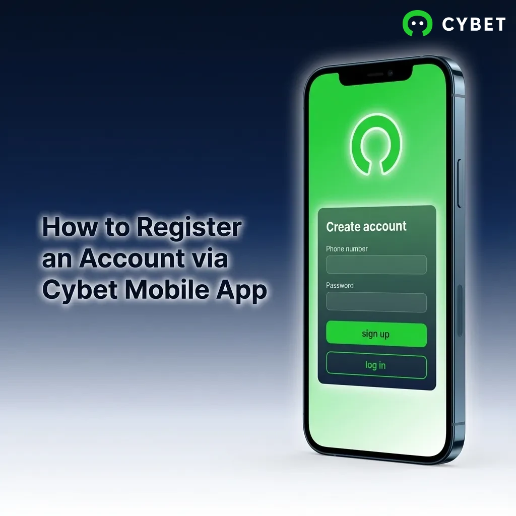 Step-by-step guide showing registration process on Cybet mobile app interface with sign-up form fields