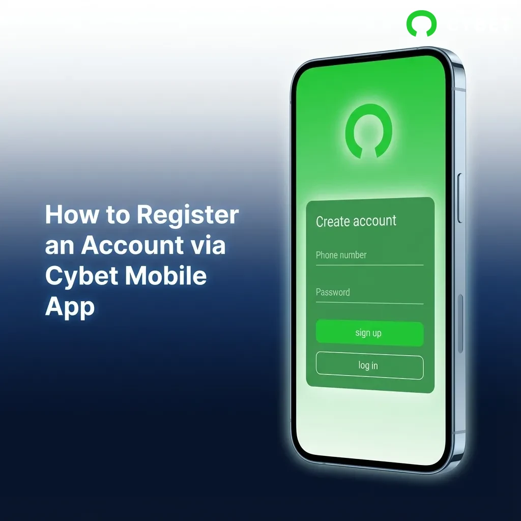 Step-by-step guide showing how to register a Cybet account on mobile app with sign up form and verification steps